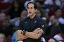Miami Heat head coach Erik Spoelstra during the second half of a preseason NBA basketball game Friday, Oct. 20, 2023, in Houston.