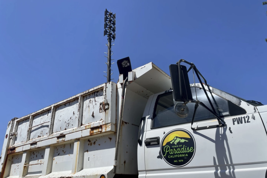 A wildfire siren stands in Paradise, Calif., on Saturday, Aug. 5, 2023.