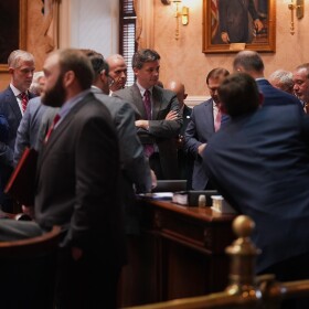 Senate Majority Leader Shane Massey, R-Edgefield, talks with other senators during a break from the debate over the House-approved energy bill, H. 3309, on April 2, 2025.