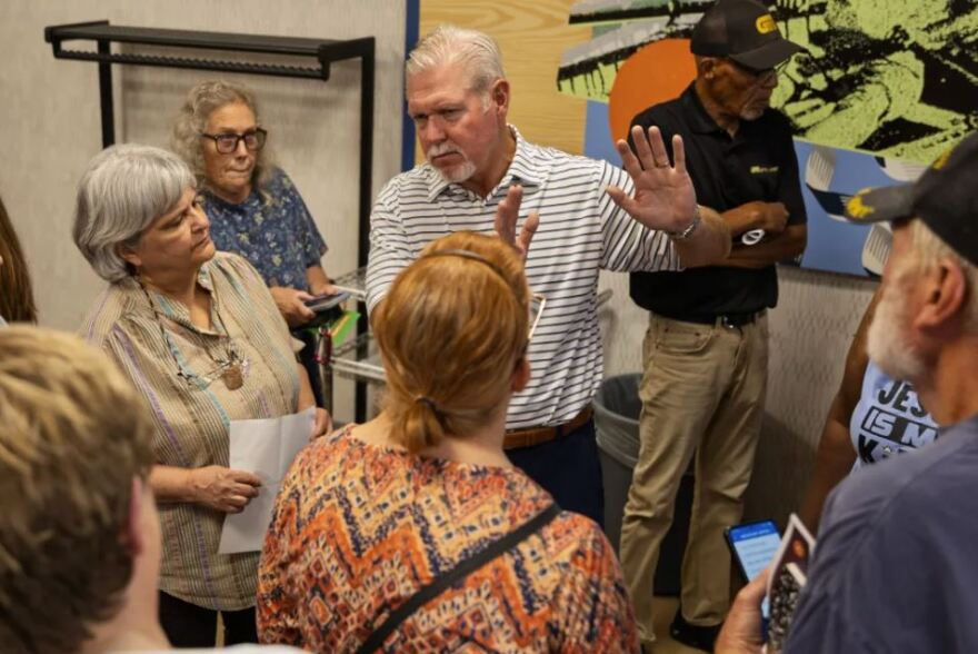 Greg Wright, Capital Assets’ president, speaks with tenants at a Tulsa City Council resource session for Vesta Realty tenants on Thursday, July 30, 2026.
