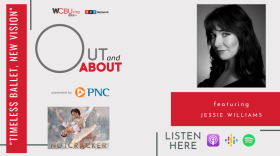 A promotional image for the "Out and About" podcast featuring Jessie Williams. The image includes a black-and-white portrait of Jessie Williams on the right, with the podcast logo, and text that reads "Out and About" in bold red letters. The left side of the image has a red box with the text "Timeless Ballet, New Vision" and an image from "The Nutcracker." Logos for WCBU.org, NPR Network, PNC, and links to listen on Spotify, Apple Podcasts, and Google Podcasts are also featured.