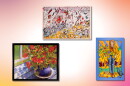 A painting of red flowers in a purple pot in the bottom left, a painting of red, white, yellow and blue colors in the top middle, and a bright yellow and blue painting of a woman holding flowers on the right. 