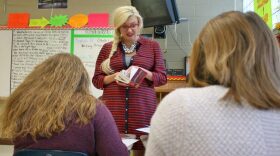 Lindsey Jensen, a teacher at Dwight Township High School in Dwight, Ill. inside her classroom before schools were closed in mid-March to contain the coronavirus outbreak.