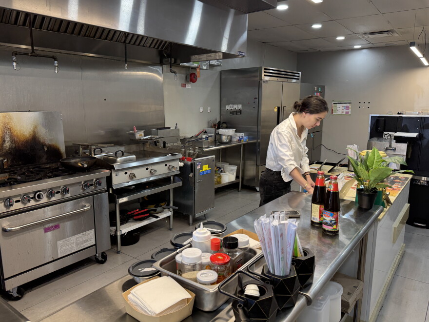 A woman in a restaurant kitchen scrolls through her laptop that sits on a counter. She is surrounded by kitchen equipment including a gas stovetop and oven a deep fryer and a fridge. On the counter to her right are different bottles holding seasonings and sauces. 