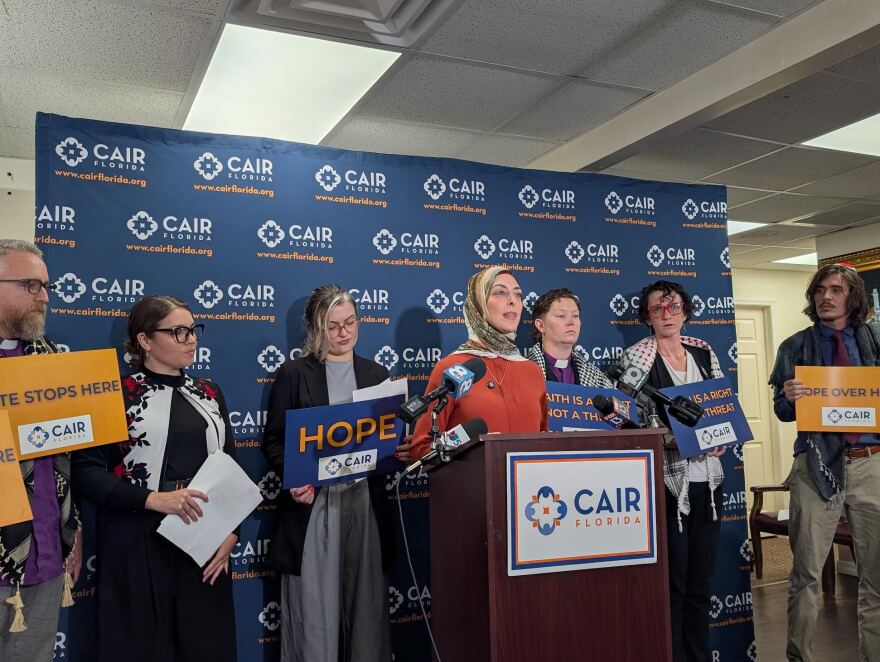 CAIR Florida interim executive director HIba Rahim speaking at a press conference at CAIR Florida’s Tampa headquarters in Temple Terrace on April 7, 2026.