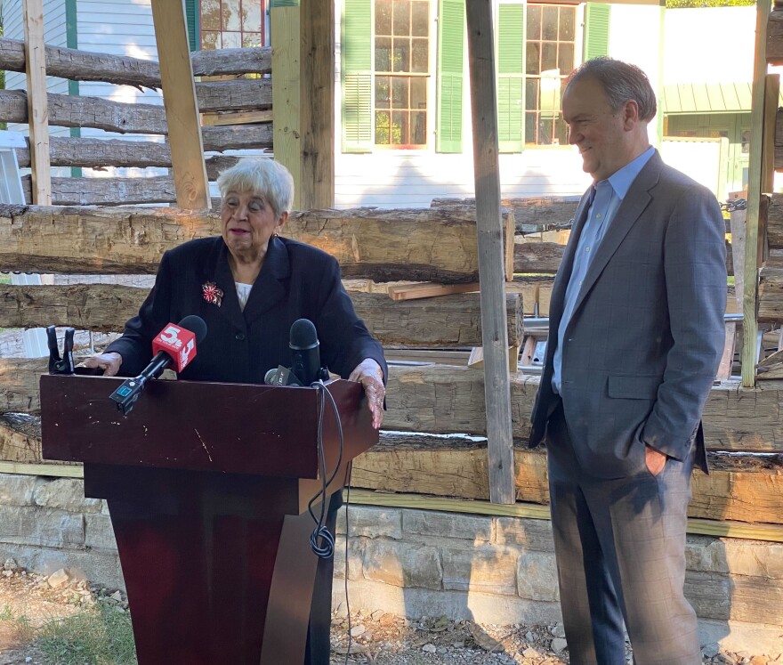 Doris Frazier speaks at a press conference on Wednesday, Sept. 28, 2022, at Faust Park's Historic Village. Frazier was a substitute teacher at African School #4, which is being reassembled in the Chesterfield park.