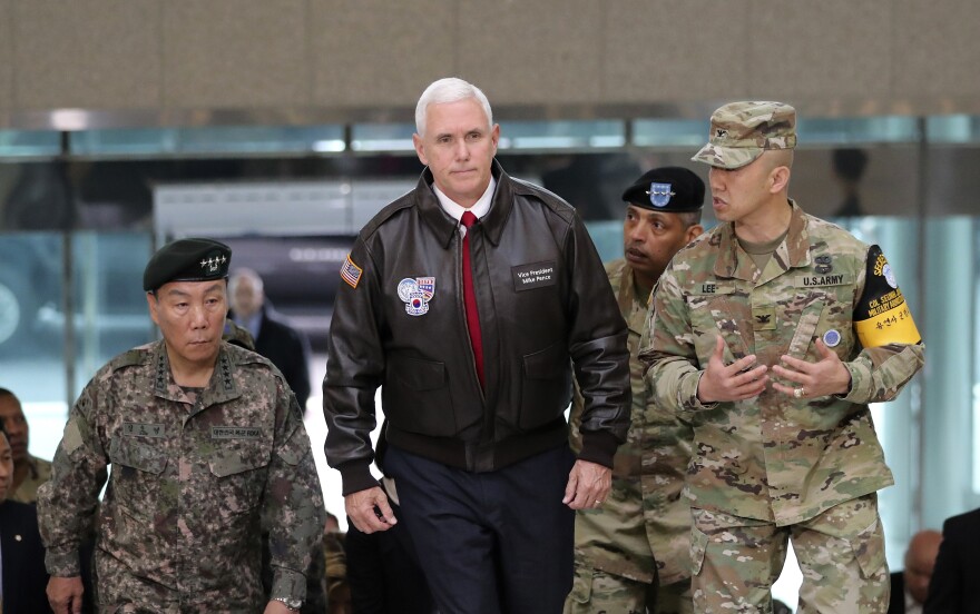 Vice President Pence arrived Monday at the South Korean border village of Panmunjom in the Demilitarized Zone, which has separated the two Koreas since the Korean War.