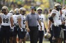 Montana State head coach Brent Vigen waits for a play to be reviewed during the second half of an NCAA college football game against Oregon, Saturday, Aug. 30, 2025, in Eugene, Ore. (AP Photo/Lydia Ely)