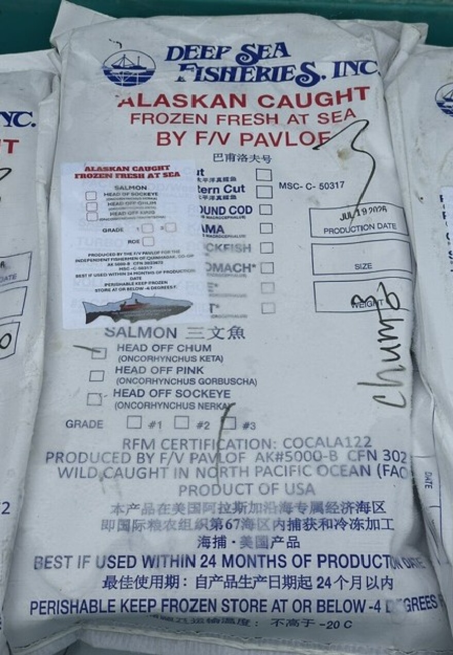 Frozen chum salmon that was processed at sea near Goodnews Bay is seen in Bethel on July 27, 2026.
