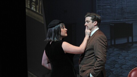 Photo of Caitlin Cavannaugh and Ryan Patrick Welsh in "The 39 Steps" at Williamston Theatre