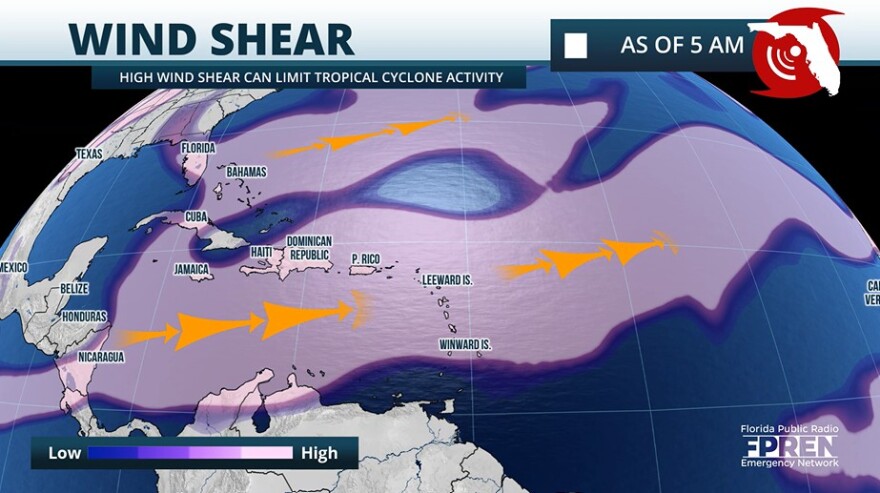 Map showing enhanced levels of wind shear.