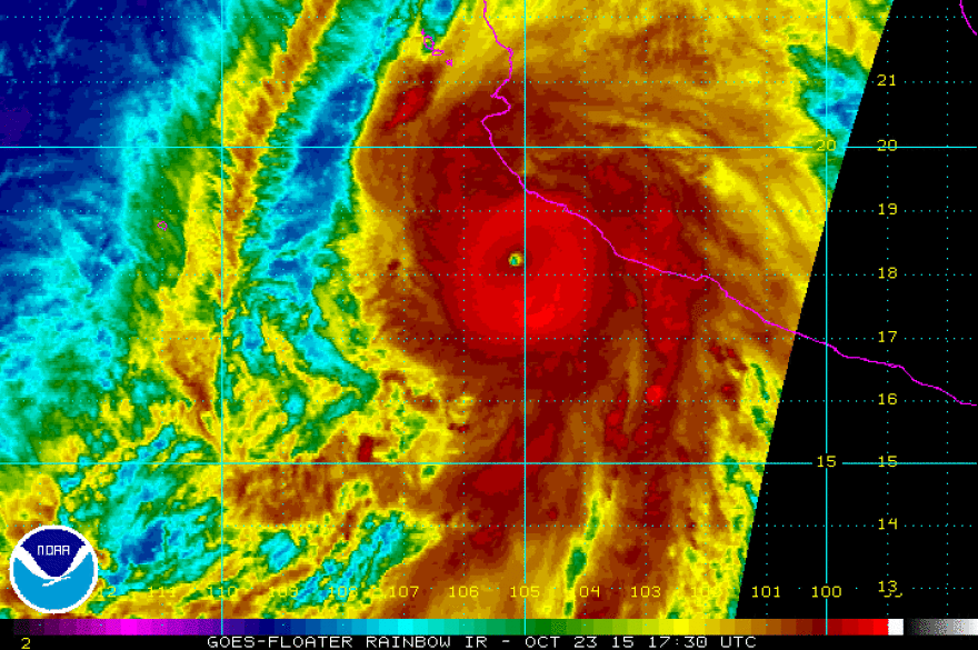 A satellite image of Hurricane Patricia taken at 1:30 p.m. ET shows the storm bearing to the north-northeast toward landfall on Mexico's coast.