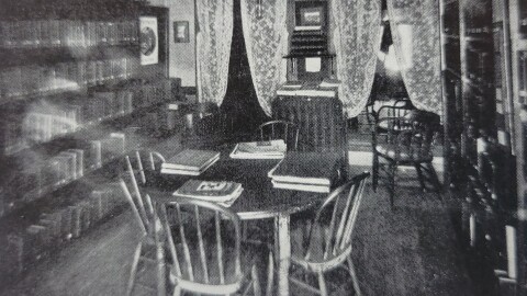 This photo shows Rhinelander's first public reading room above Merchants State Bank in Rhinelander around 1898.