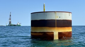 A monopile installed at the Coastal Virginia Offshore Wind site in 2024, with the Orion