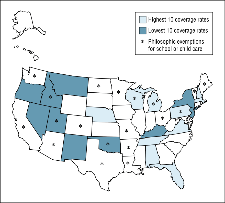 How laws on exemptions and vaccine coverage vary across the country.