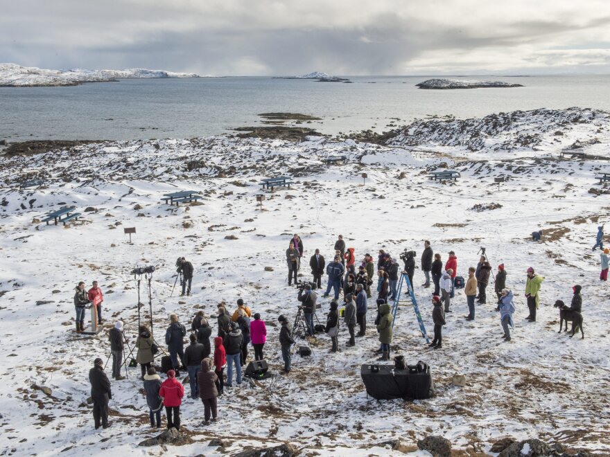 Liberal Party candidate Justin Trudeau speaks at a campaign event Frobisher Bay in the Qikiqtaaluk Region of Nunavut, Canada.