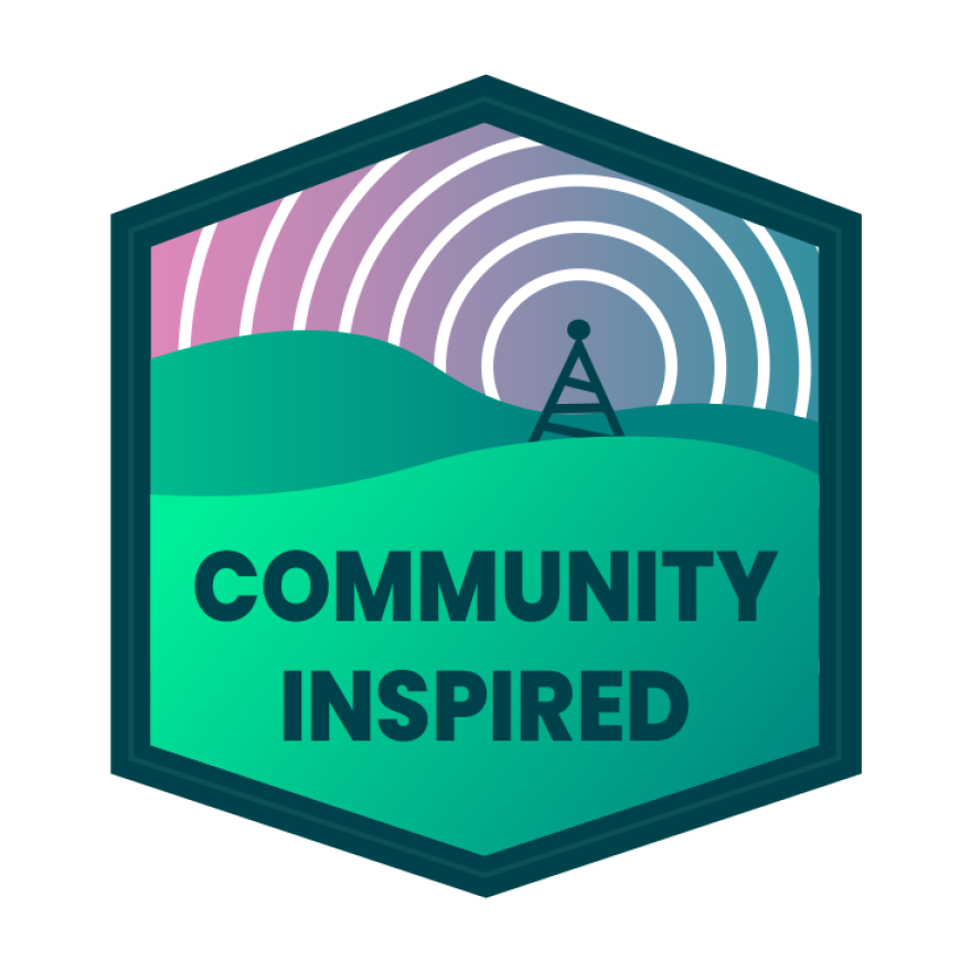 A green and purple graphic with a radio tower and the words "Community Inspired"