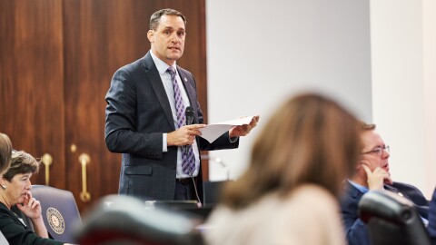 Sen. Meyer debates the state budget bill.