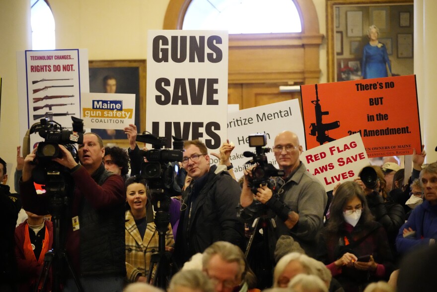 Supporters of gun rights attend an anti-gun rally at the State House, Wednesday, Jan. 3, 2024, in Augusta, Maine.