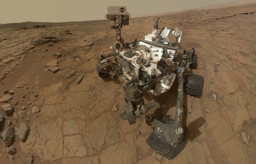 This self-portrait of NASA's Mars rover Curiosity combines dozens of exposures taken by the rover's Mars Hand Lens Imager during the 177th Martian day, or sol, of Curiosity's work on Mars, plus three exposures taken during Sol 270 to update the appearance of part of the ground beside the rover.