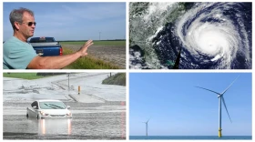 Top from left: Hyde County farmer Ray Tooley, Hurricane Florence approaches Wilmington in 2018, flooding in west Charlotte in 2020, and a wind turbine off the Virginia Coast. Photos courtesy David Boraks/NASA/WFAE