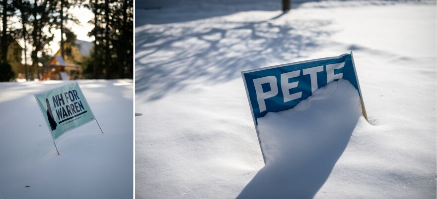Political signs dot the landscape around Concord, N.H., ahead of the Democratic primary.