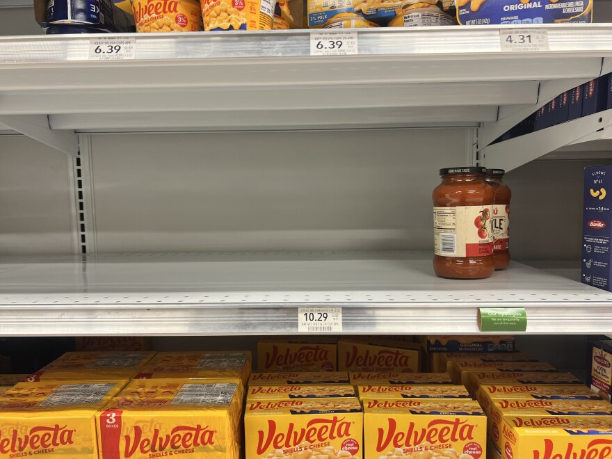 Pasta and Mac and Cheese aisles are depleted as residents are recommended to purchase nonperishable foods. (Delia Rose Sauer/WUFT News)