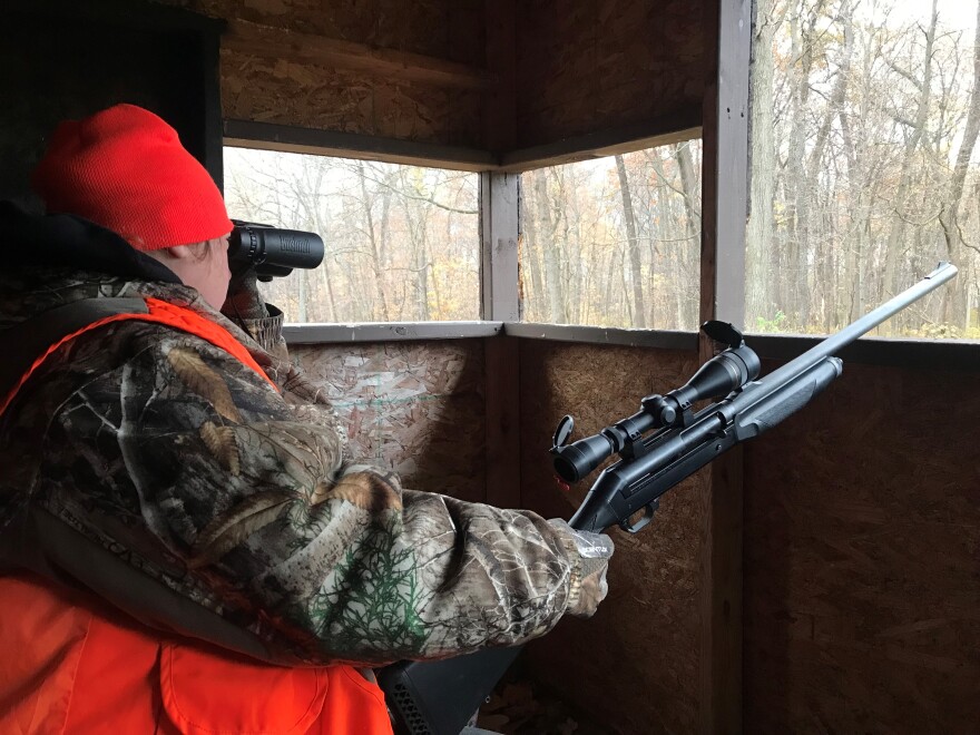 State Rep. Sarah Lightner, R-Springport, hunts from a deer blind in Jackson County on Sunday, Nov. 21, 2021.