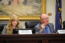 Rep. Candice Pierucci and Sen. Scott Sandall, the Republican co-chairs of the Legislative Redistricting Committee, during a morning hearing before the Legislature's special session, Oct. 6, 2025.