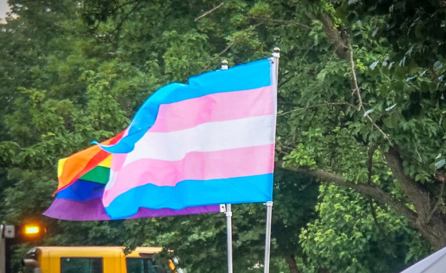 Transgender and LGBTQ flags fly at a Baltimore Pride parade in 2016.