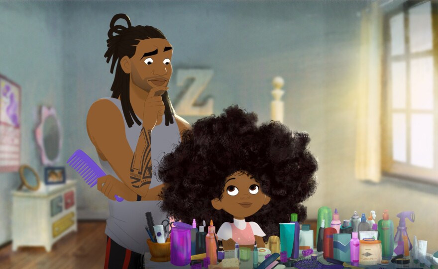 Black man looks puzzled holding a comb while looking at his daughter's massive afro, with a plethora of hair products before them.