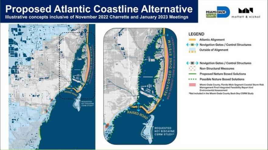 This illustration shows a wall around north Biscayne Bay and a hardened shoreline along Miami Beach, a concept Miami-Dade is hoping the Army Corps of Engineers might fund to protect the county’s shoreline from stronger storms and rising seas. 