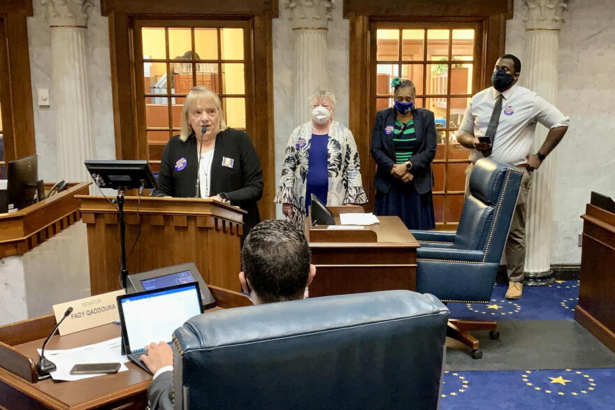 Members of Indiana's independent citizen redistricting commission testify at the Senate Elections Committee