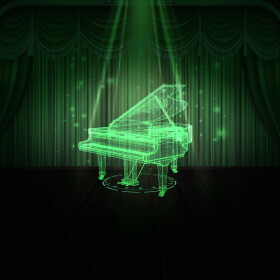 futuristic illustration of a piano being projected on a dark stage in neon green light