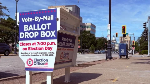 A vote-by-mail drop box is pictured in Sangamon County, blocks away from the Illinois State Capitol.