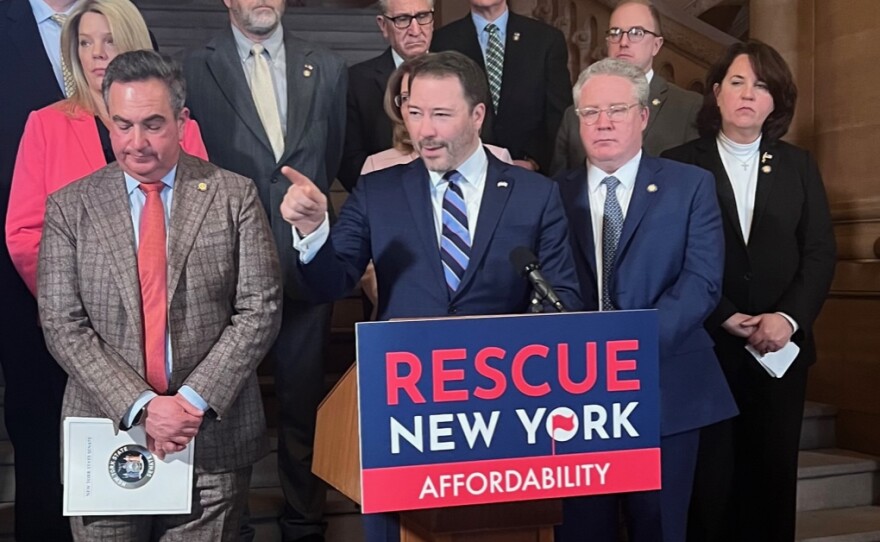 Senate Republican Minority Leader Robert Ortt holds a news conference at the State Capitol on Feb. 13, 2023, to talk about his party's priorities for the state budget.