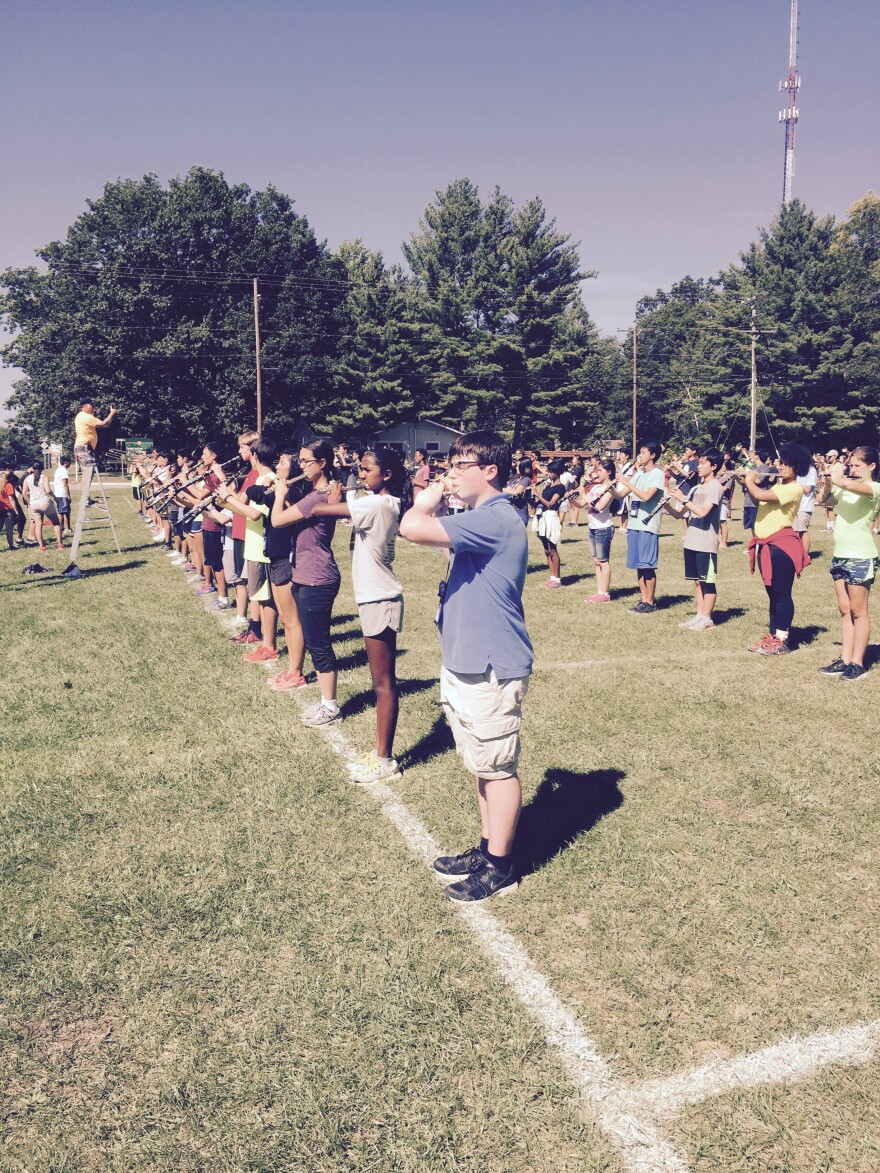 Students rehearse during marching band camp at Interlochen last week.