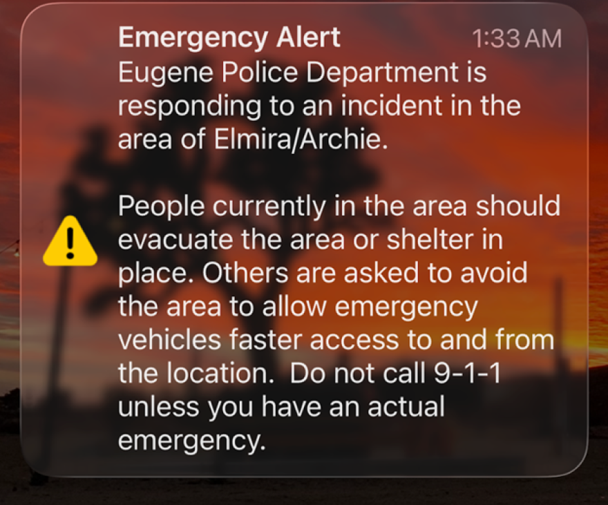 The emergency alert sent to residents near the 300 block of Archie Street in Eugene on the morning of Aug. 28, 2026. Eugene Police’s SWAT team obtained a search warrant as part of an investigation into a suspect facing multiple charges. Police said the suspect was not cooperating and was believed to have firearms and body armor.