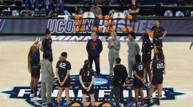 UConn gets ready to practice session for a college basketball game in the semifinal round of the Women's Final Four NCAA tournament Thursday, March 31, 2022, in Minneapolis.