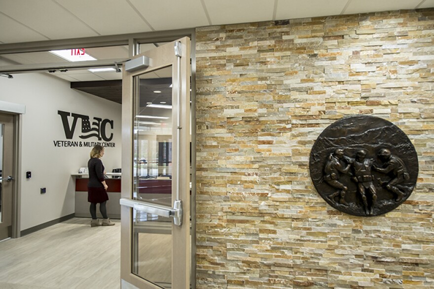 The rock facade of the Veteran and Military Center will feature five bronze medallions — one for each of the five branches of the U.S. armed services.