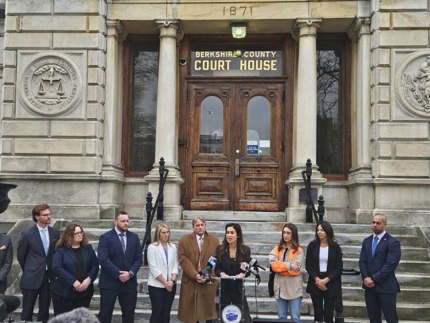 Hilary Simon speaking at the Berkshire County Court House.