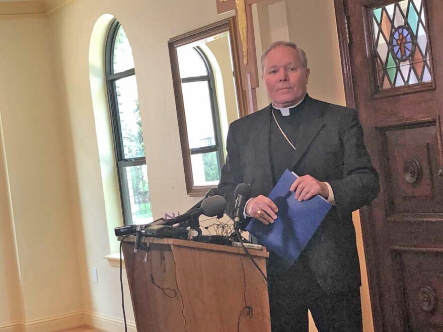 Bishop Edward J. Burns during the diocese's afternoon press conference at Holy Trinity Catholic Church on Oak Lawn, across the street from the diocese, in response to Wednesday's police raid.