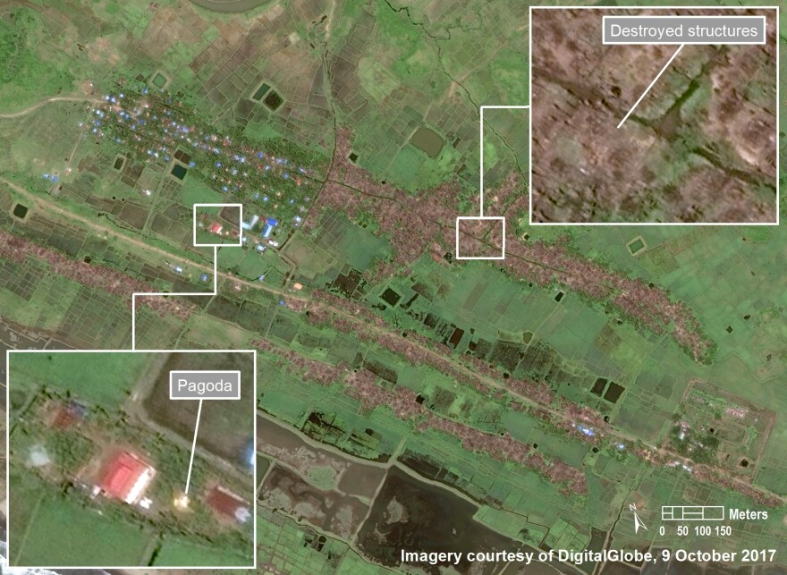 An October 2017 satellite image from Inn Din village, in southern Maungdaw Township, Myanmar, shows the eastern and southern Rohingya settlements burned, while the non-Rohingya western settlement remains intact. A Buddhist pagoda is shown within the western settlement.