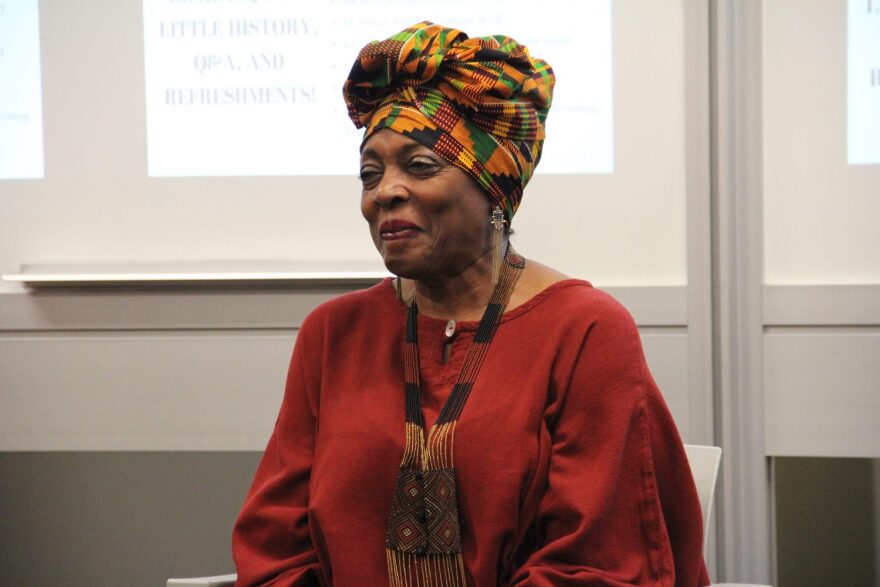 Jeraldine Willaims, of Tampa, smiles as she is applauded Monday, February 19, 2018 after her inspiring talk in the AHA! Lab at the University of Florida's College of Journalism and Communications. (Jasmine Dahlby/WUFT News)