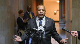 Assembly Speaker Carl Heastie, D-Bronx, talks with reporters about the state budget at the state Capitol, Monday, April 4, 2022, in Albany, N.Y.