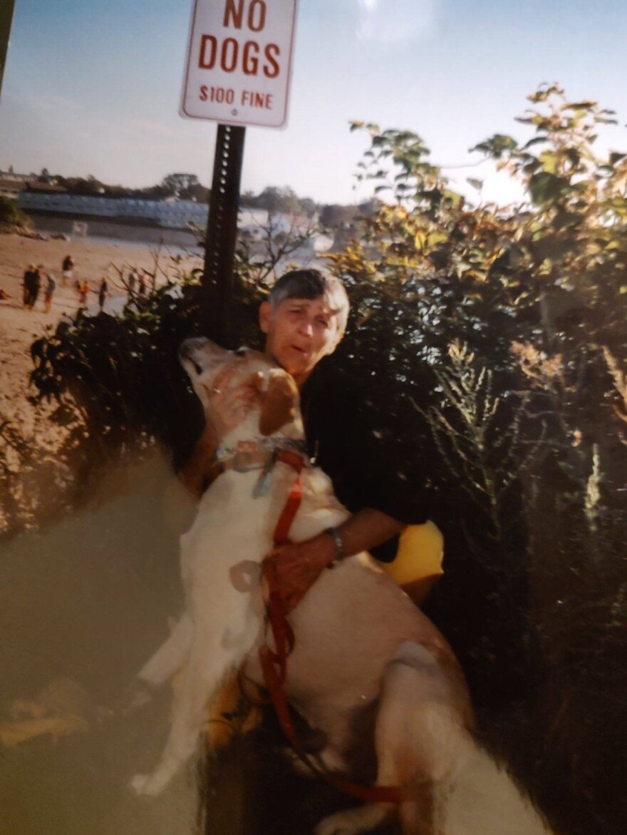 A woman holds a dog under a 'NO DOGS' sign.