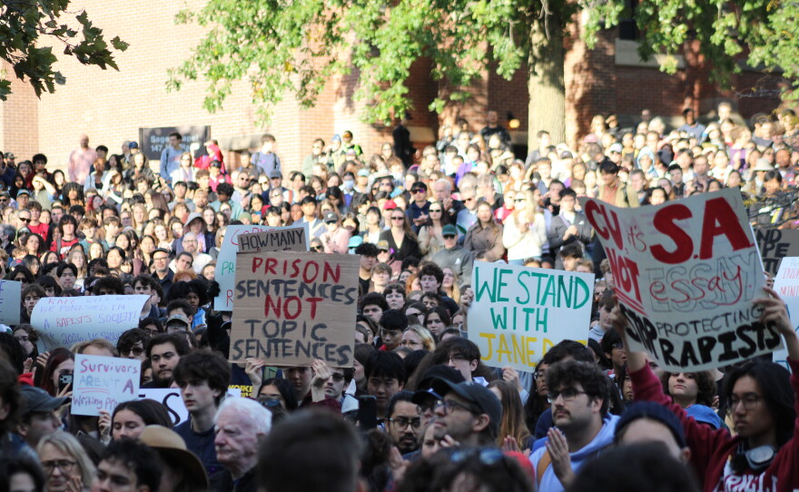 A large crowd gathered on Cornell’s campus Monday afternoon to show support for a Cornell student, known as Jane Doe, who alleges she was raped by fraternity members on campus in 2024.
