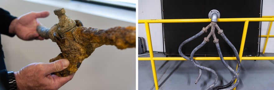 Left: Harold Harrington holds a corroded galvanized pipe. Right: These four lead line pipes are from a mansion in Flint.