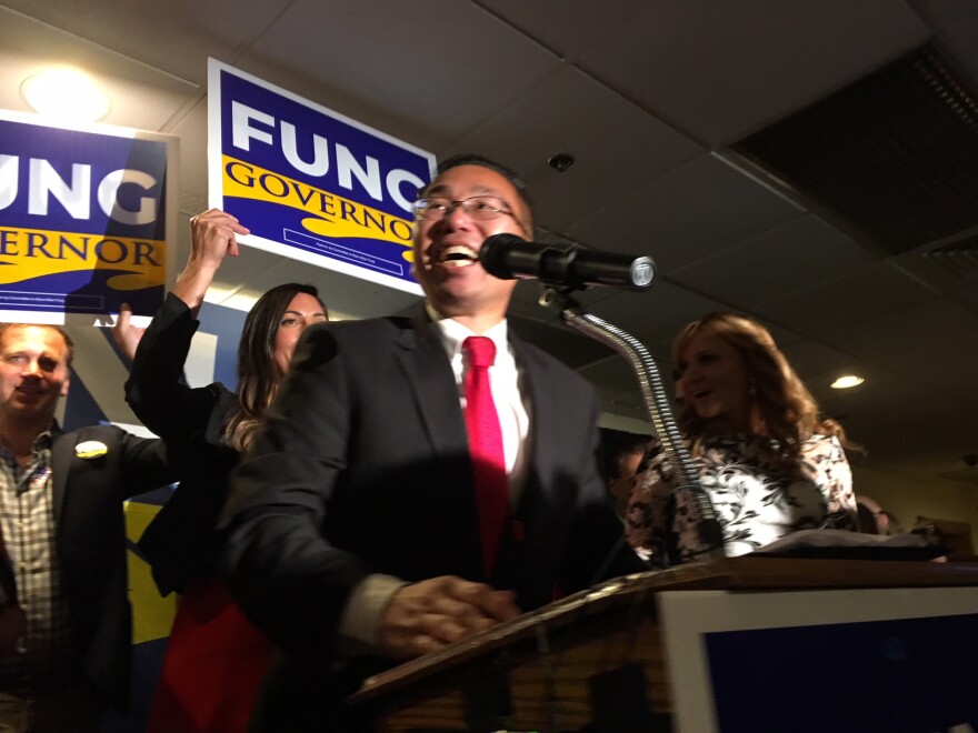 Fung addressing supporters in Cranston.