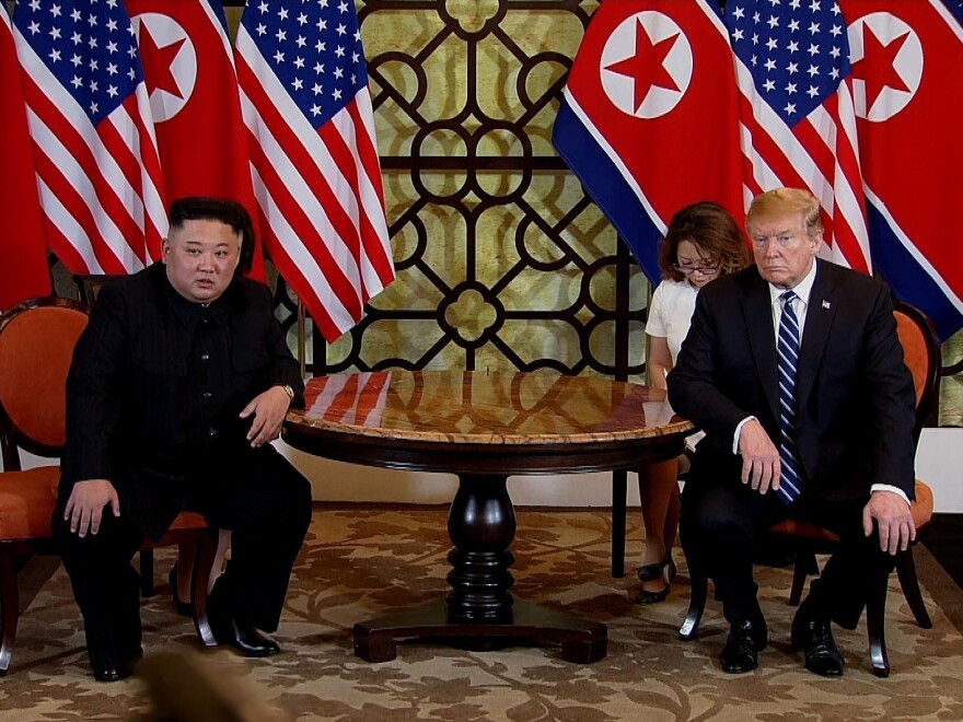 North Korean leader Kim Jong Un and President Trump, shown in a handout photo provided by the Vietnam News Agency, meet at the Sofitel Legend Metropole hotel on Thursday in Hanoi, Vietnam.